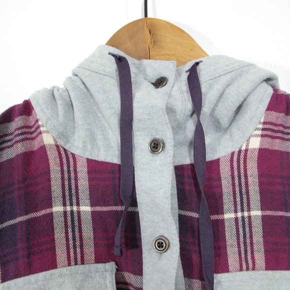 Plaid Button-Up Hoodie - Purple and Gray - Picture 2 of 9